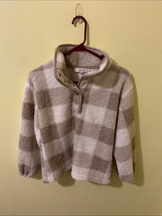 LOFT Tops - LOFT Taupe and Cream Plaid Sherpa Snap Pullover